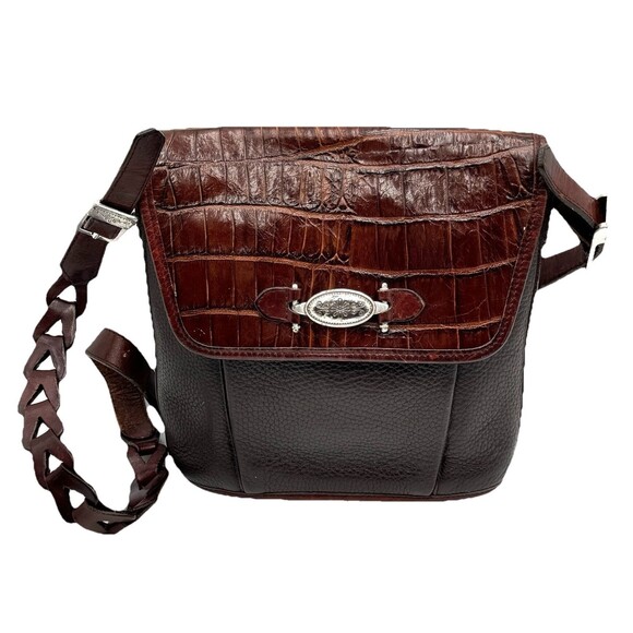 Brighton Vintage Croc Embossed Pebbled Leather Flap Over Brown Purse Bag - Picture 1 of 13